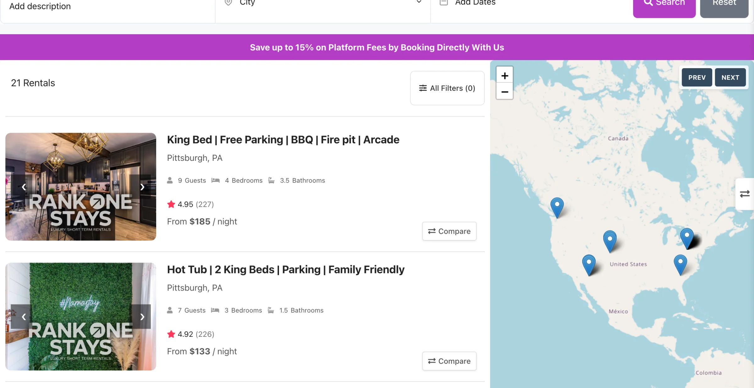 The Gnarly Host booking engine: guests search, filter and compare listings on a map, then book direct.
