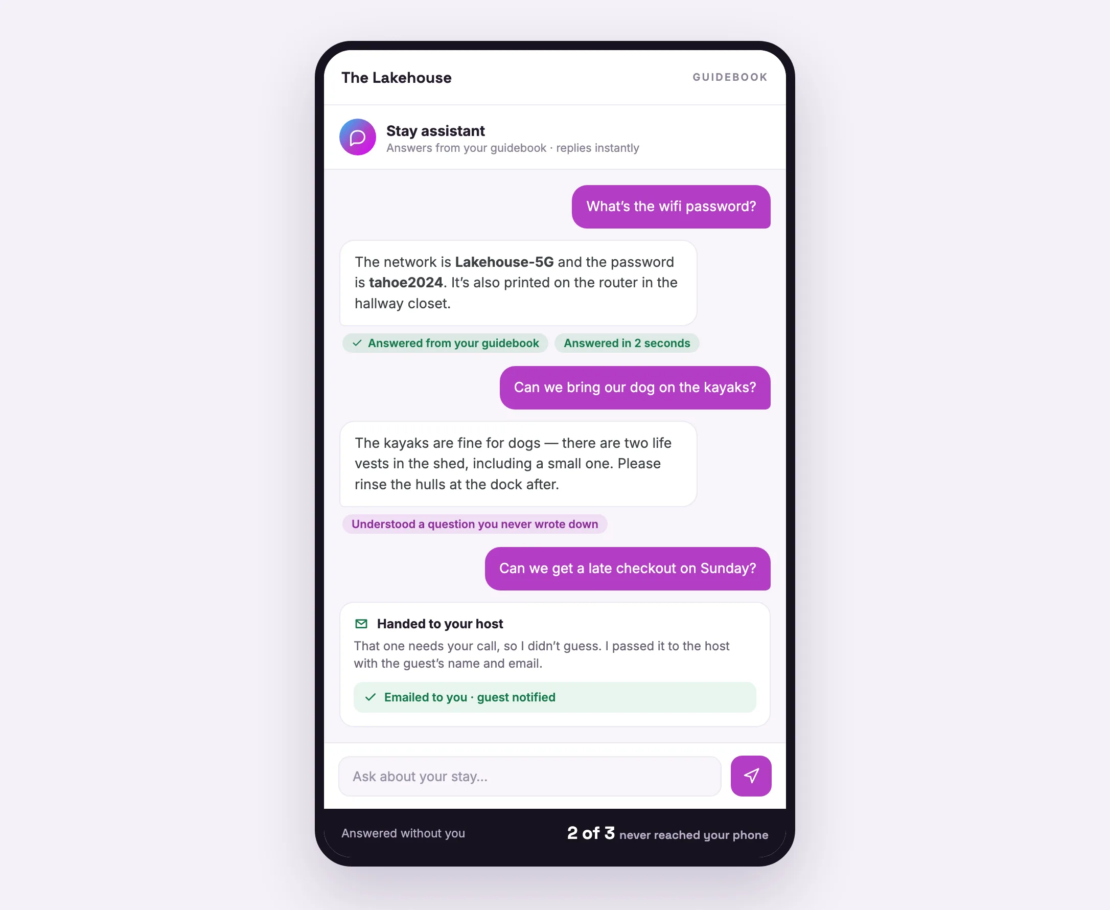 Guest chat answering wifi and pet questions instantly from the guidebook, then emailing the host a late-checkout request that needs a decision.