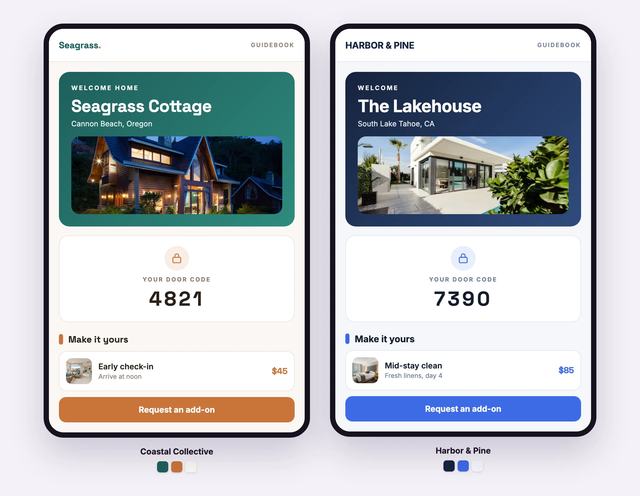 The same guidebook rendered in two different host brands — one warm and coastal, one cool and navy.