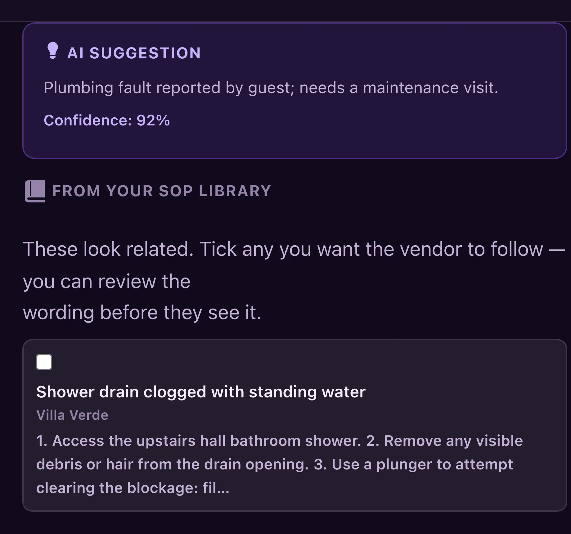 A guest complaint about a slow shower drain, classified by AI, with the matching procedure from the SOP library surfaced beside it.